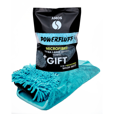 Asciugamano in microfibra ultra assorbente AMOS Powerfluff blu 1000 GSM 60x80cm + guanto in REGALO