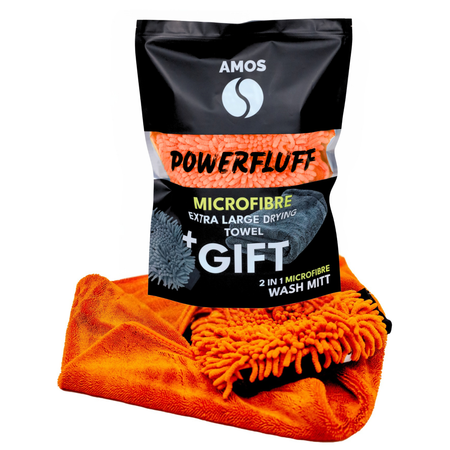 Asciugamano in microfibra ultra assorbente AMOS Powerfluff arancione 1000 GSM 60x80cm + guanto in REGALO