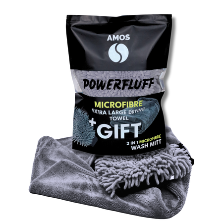 Asciugamano in microfibra ultra assorbente AMOS Powerfluff grigio 1000 GSM 60x80cm + guanto in REGALO