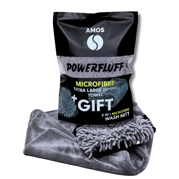 Asciugamano in microfibra ultra assorbente AMOS Powerfluff grigio 1000 GSM 60x80cm + guanto in REGALO